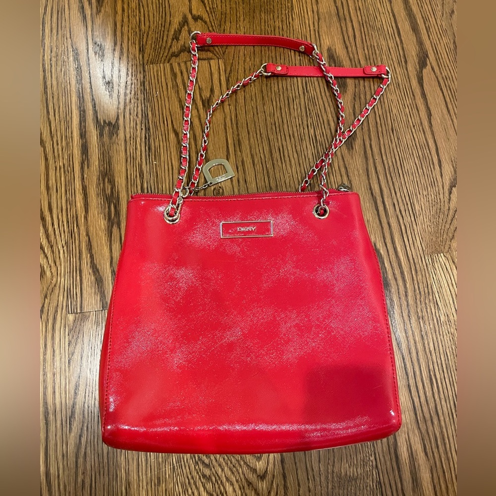 DKNY Red Saffiano Leather Shoulder Bag - Adjustable Chain Strap - Slightly Used